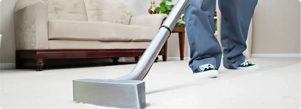 Carpet cleaning technician using a hot-water extraction wand on a light-colored carpet in a living room, Lincoln, NE.